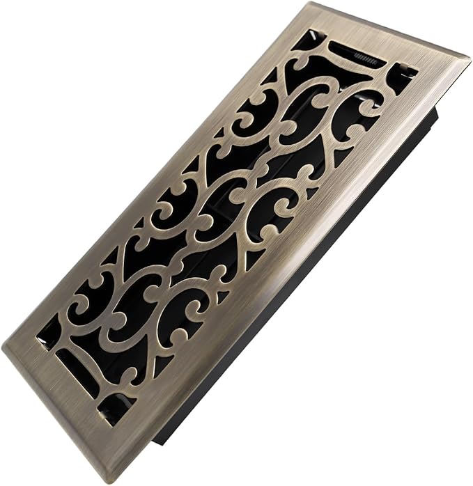4x10 Inches Heavy Duty Walkable Floor Register - Easy Adjust Air Supply Lever Decorative Floor Vent Covers - Savannah Design Vent Covers for Home - Antique Brass
