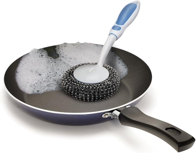 BBQ Grill Brush Bristle Free Stainless Steel Scrubber Cleaner Dishwashing Brush with Long Handle, Great for Pots, Pans, Stove, Cast Iron, Gas/Charcoal/and Electric Grills, Griddle Blue (2 Refills)