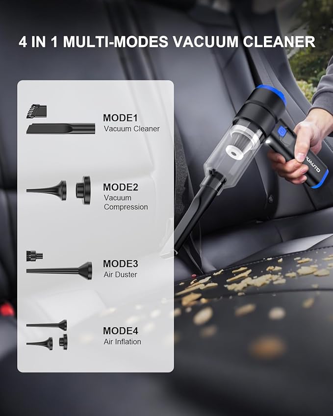 Car Vacuum Portable Cordless, 20000Pa High Power 4 in 1 Hand Held Vacuum, Brushless Motor Handheld Vacuum Cordless with 5200mAh Battery for Car, Home, Office, Pet