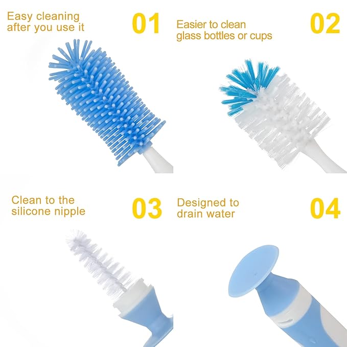 Chemimoso Multifunctional Cleaning Brush, Baby Bottle Brush, Bottle Brush Cleaner, Rotate The Suction Cup to Obtain The Small Bristle Brushes, Set Z, Pink, Silicone and Nylon Brush