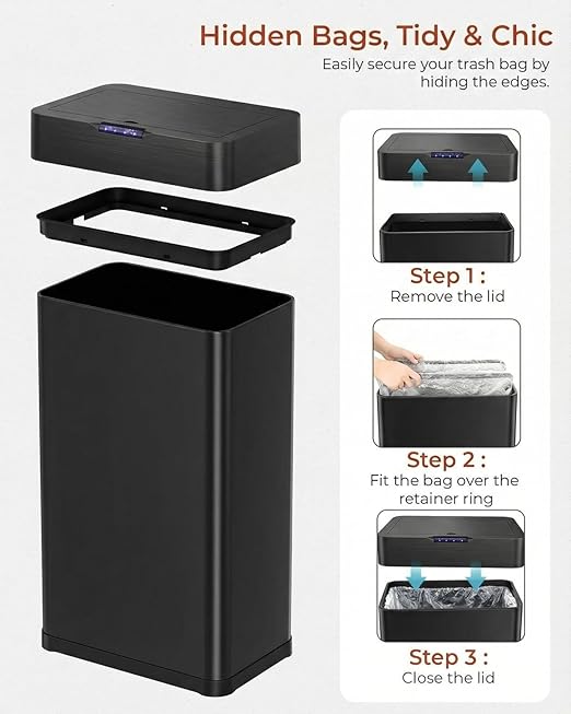TLSUNNY 18.5 Gallon Motion Sensor Trash Can,Touchless Automatic Garbage Can,Brushed Stainless Steel Smart Bin,with Bag Holder,Soft Close Lid,for Kitchen,Office,RV,Bedroom,Living Room (Black, 70L)
