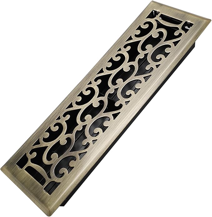 4x14 Inches Heavy Duty Walkable Floor Register - Easy Adjust Air Supply Lever Decorative Floor Vent Covers, Savannah Design Vent Covers for Home - Antique Brass