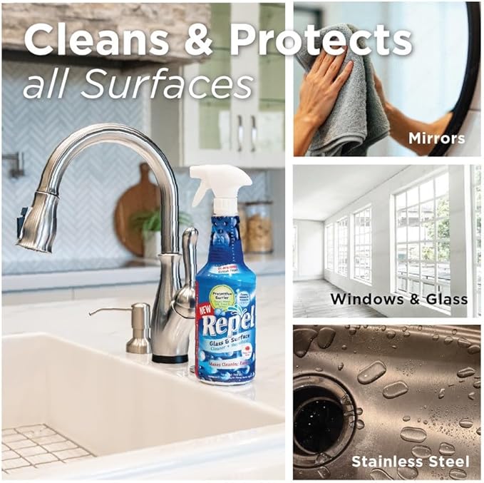 Clean-X New REPEL Glass and Surface Cleaner with Barrier Technology- 32 fl. oz. – 12 Pack Cleans and repels water and soil- Professional Cleaners by UNELKO Pro