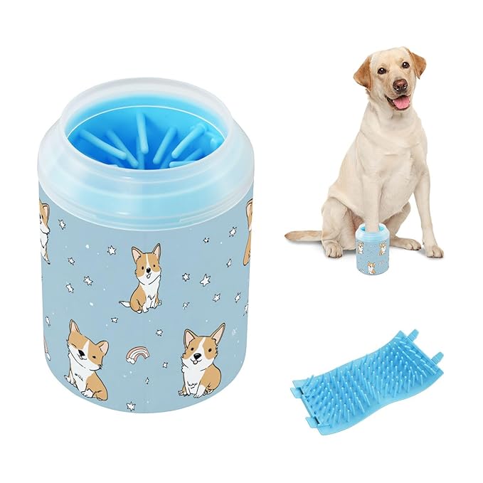 Dog Paw Cleaner Cups for Dogs Pet Foot Washer Paw Scrubber for Small Medium Large Dogs Cats Cleaning Cup Blue Cute Corgis Stars Rainbows