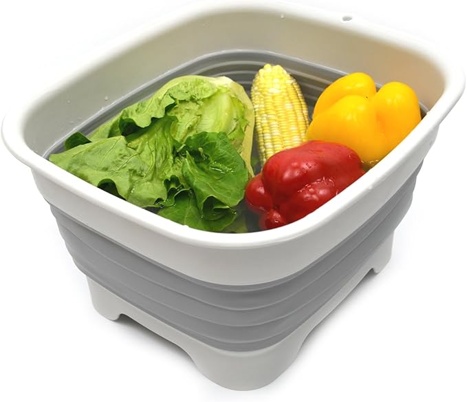 SAMMART Set of 2-9.1L (2.4Gallon) Collapsible Dishpan with Draining Plug - Foldable Washing Basin - Portable Dish Washing Tub - Space Saving Kitchen Storage Tray (2, Grey)