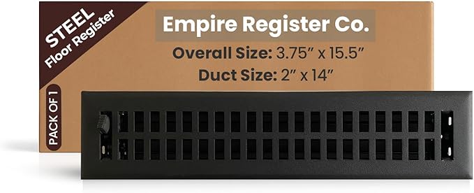 Empire Register Co, Steel Floor Register - 2x14 inch, Modern Contemporary Design, Textured Black Finish, Heavy Duty Walkable Steel Vents, Metal Damper Attached Air Vents for Home Floor only