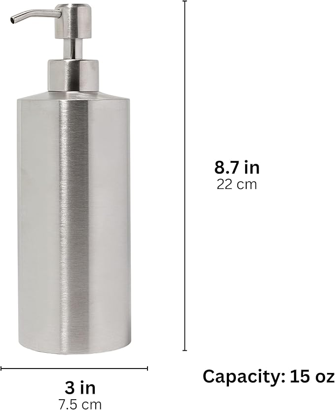 Silver Soap Dispenser for Kitchen & Bathroom – 15 oz Refillable Resin Pump Bottle for Dish Soap, Hand Soap, Shampoo, Conditioner – Modern Countertop Dispenser with Non-Slip Protective Pads