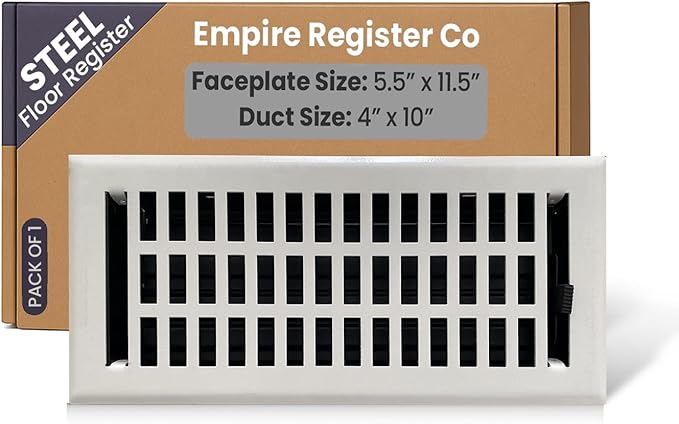 Empire Register Co, Vent Cover - 4x10 inch, Modern Contemporary Design, White Finish, Heavy Duty Floor Vent Covers, Metal Damper Attached Vent Covers for Home Floor only