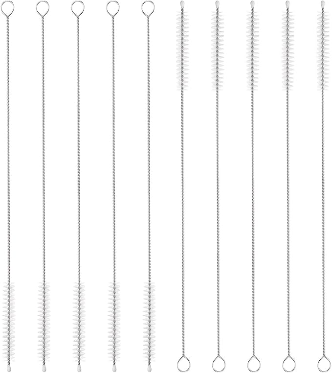HARFINGTON Straw Cleaner Brush Set, 10 Inch Length 304 Stainless Steel and Nylon Bristles for Water Bottle Silicone Straw Sippy Cup Pipes, White (8mm OD, 10-Piece-Set)