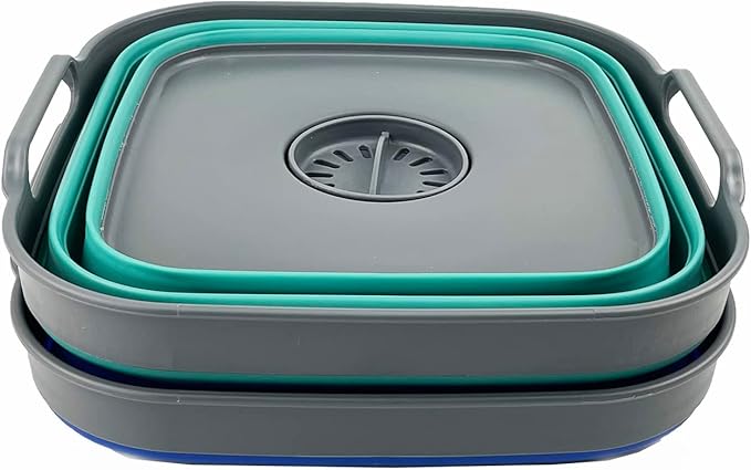 SAMMART 10L (2.64 Gallon) Collapsible Dishpan with Draining Plug - Foldable Washing Basin - Portable Dish Washing Tub - Space Saving Kitchen Storage Tray (Purplish Blue+Turquoise Blue (Set of 2))