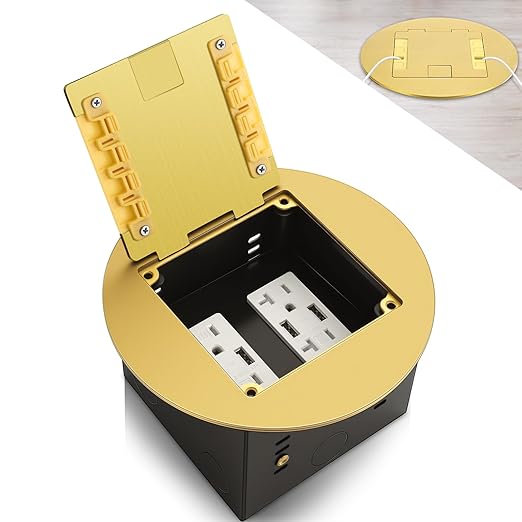 1 Pcs Recessed Floor Outlet 4. 72" x 4. 72" x 3. 94" 2-Gang with 4. 8a USB Chargers 20 Amp Floor Receptacles Round Hidden Outlet Kit Electrical Waterproof Box, Etl Listed (Gold)