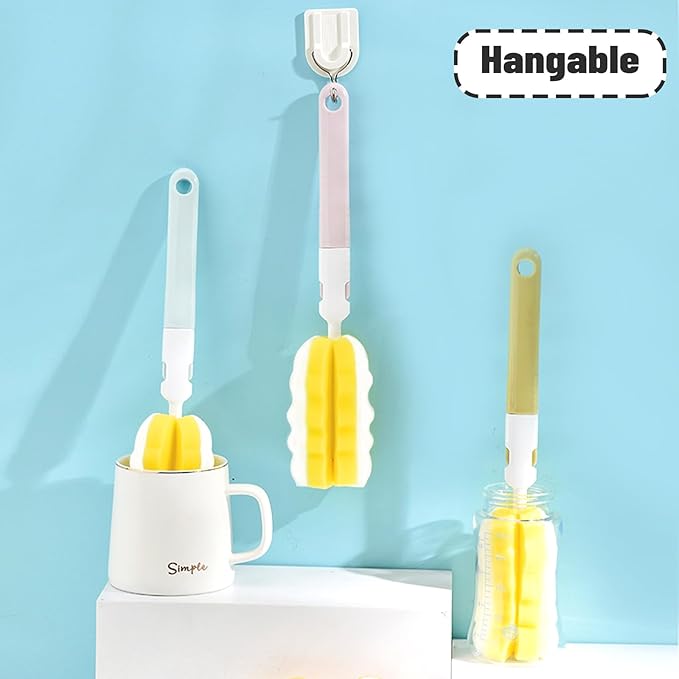 INVODA 4PCS Bottle Brush Long Handle Cup Cleaner Brush Sponge Bottle Scrubber Replaceable Brush Head Portable Bottle Cleaning Brush for Baby Bottle Dishwashing Kitchen Clean Mugs (4PCS+ 4 Brush heads)