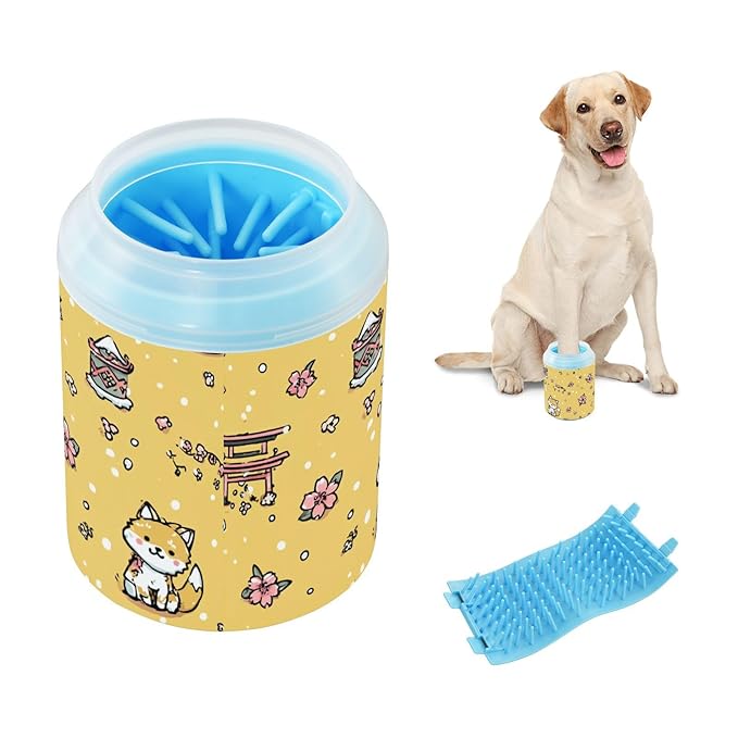 Dog Paw Cleaner Cups for Dogs Pet Foot Washer Paw Scrubber for Medium Small Large Dogs Cats Cleaning Cup Yellow Shiba Cherry Blossoms