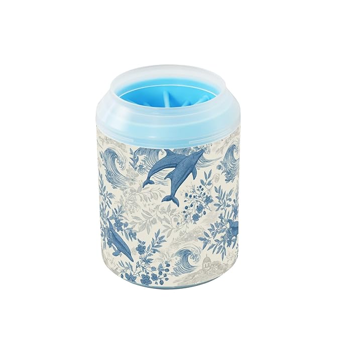 Dog Paw Cleaner Cups for Dogs Pet Foot Washer Paw Scrubber for Medium Small Large Dogs Cats Cleaning Cup Blue Dolphins Waves Flowers