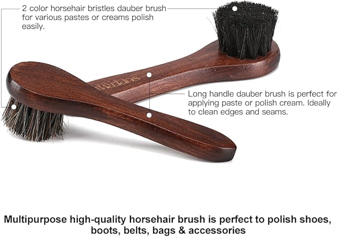 Horsehair Shoe Polish Applicator Brush, Soft Horse Hair Bristles Dauber Leather Care Brush for Shoes, Boots, Bags - 2 Pack Grey Bristle + 2 Pack Black Bristle Brush Included