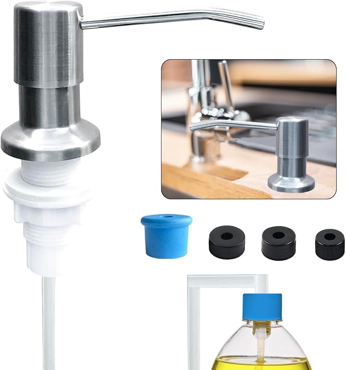 Soap Dispenser for Kitchen Sink, Stainless Steel Built in Sink Soap Dispenser Pump Head with 1.2m/4ft Silicone Water Pipe & 3 Caps for Soap Container, Kitchen Sink Accessories Bar Wash Tools