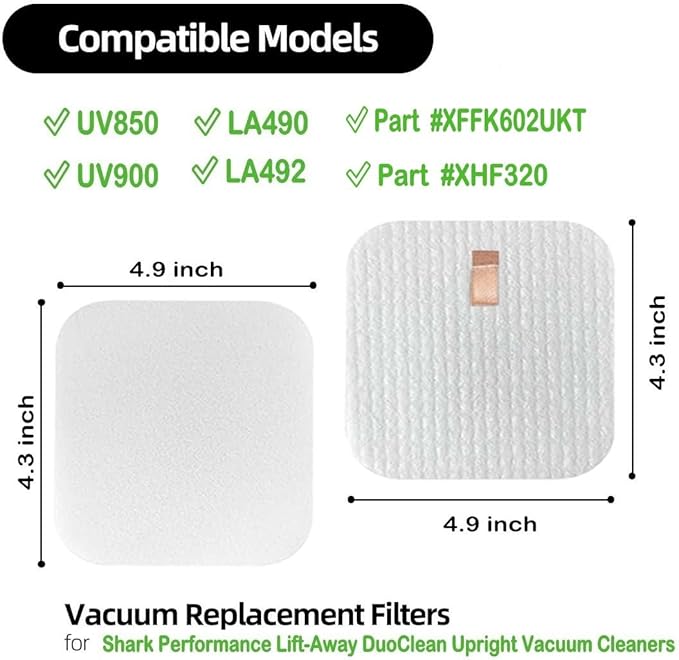 UV850 UV900 LA490 LA492 Filter Replacement for Shark Performance Lift-Away DuoClean Upright Vacuum Cleaners Part # XFFK602UKT Foam & Felt Filter Set for Pet Hair, Dirt, Dust