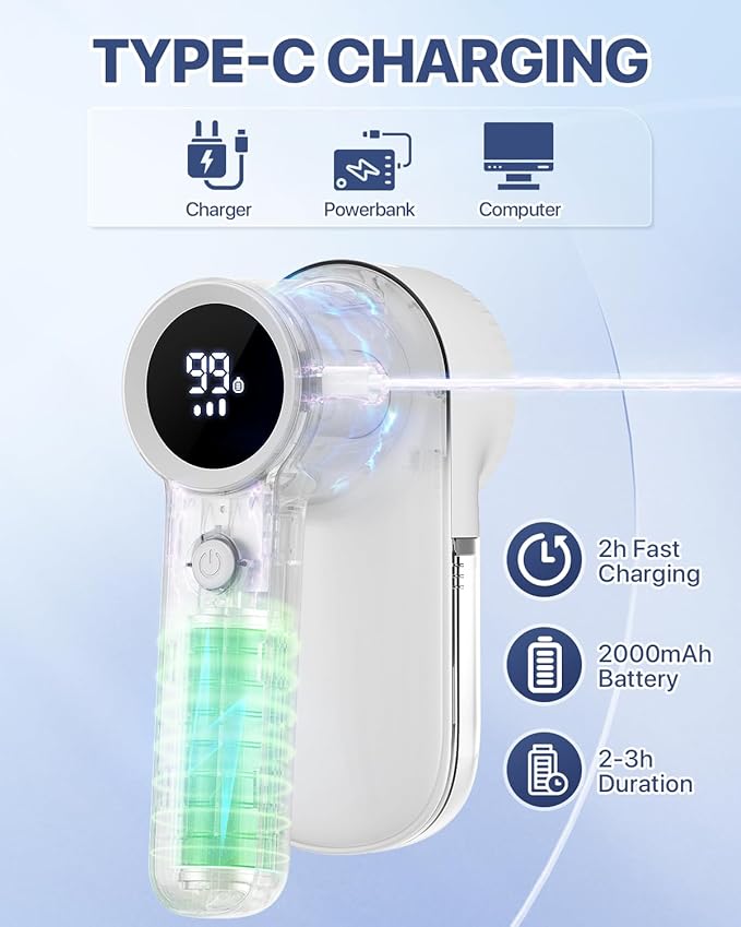 Lint Remover Rechargeable Fabric Shaver : 3-Speeds Sweater Shaver with LED Display & LED Light, 3 Extra Blades, Type-C Cable, Electric Lint Remover for Clothes & Furniture, Birthday Gifts for Women