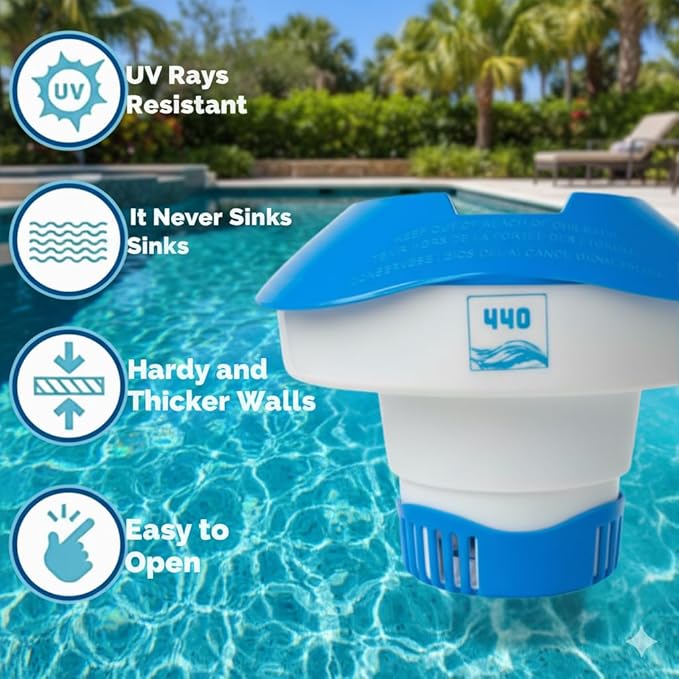 440 Pool Chlorine Floater Dispenser, Fits Up to 3 Pieces of 3-Inch Chlorine Tabs, Adjustable Flow, Control, Heavy-Duty Plastic - Suitable for Small & Medium Pools (See Images - 2K Gal to 15K Gal)