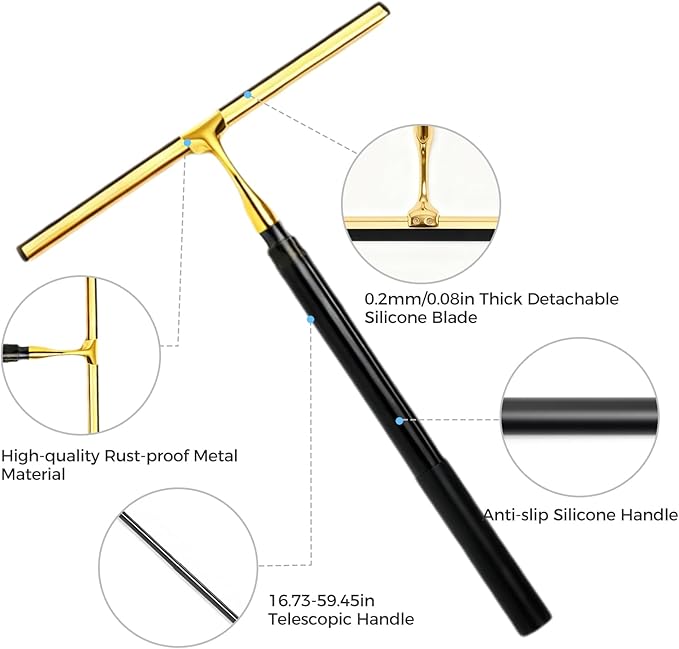 59.5" Long Handle Window Squeegee with Extension Pole, 12.4" Wide Metal Shower Squeegee for Glass Doors, Floor Squeegee for Home Window Cleaning, Tile Wall, Car (Gold)