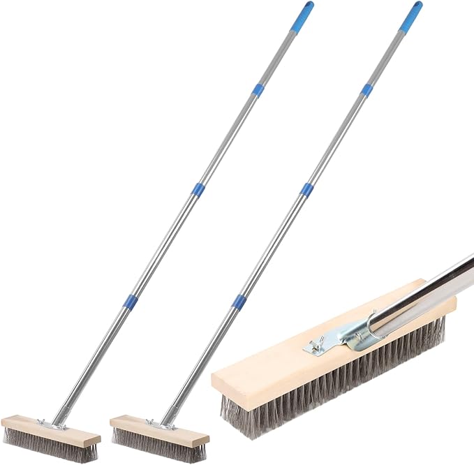 JEUIHAU 2PCS 63 Inch Stainless Steel Wire Scrub Brush with Long Handle, Heavy Duty Deck Scrub Brush,Metal Bristle Floor Scrubber, Outdoor Broom for Removing Moss and Tough Stains