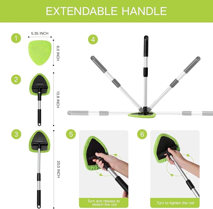 7pcs Windshield Cleaner Tool Car Window Cleaning Wash Kit with 4 Reusable Microfiber Pads 1 Spray Bottle and Extendable Handle Auto Glass Wiper Kit, Green