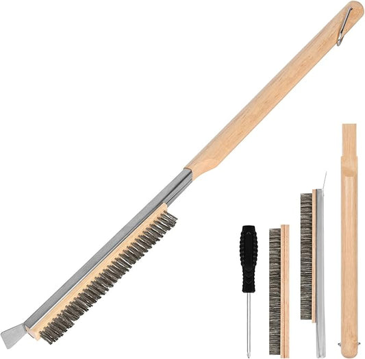 Pizza Oven Brush, 26" Brush and Stainless Steel Scraper for Pizza Stone, BBQ Grill Cleaning Brush Non Scratch Heat Proof Stainless Steel Bristles with Screwdriver for Pizza Oven Accessories