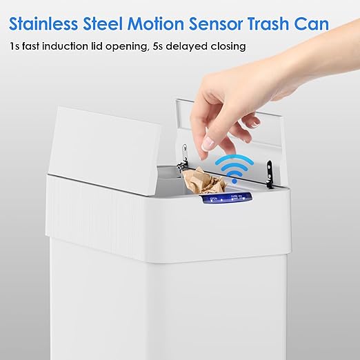 TLSUNNY 21.1 Gallon Automatic Trash Can, Stainless Steel Motion Sensor Garbage bin, Smart Trash Can W/Butterfly Lid, Bag Retainer Ring and Display Light for Living Room,Kitchen,Office (White, 80L)