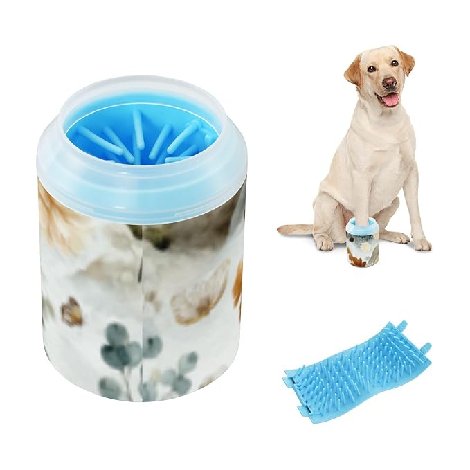 Dog Paw Cleaner Cups for Dogs Pets Foot Washer Paw Scrubber for Medium Small Cats Dogs Cute Cleaning Cup Beige Fox Flowers Mountains Leaves