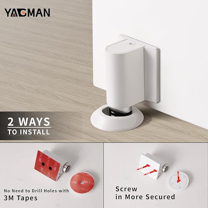 Magnetic Door Stopper, Magnet Floor Door Stop Retractable, Door Magnetic Catch, Door Holder to Keep Door Open, No Drilling Mount with Adhesive, White 1 Pack WT-1