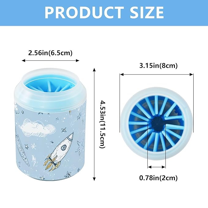 Dog Paw Cleaner Cups for Dogs Pets Foot Washer Paw Scrubber for Medium Small Dogs Cats Cleaning Cup Sky Blue Space Rockets Clouds Stars