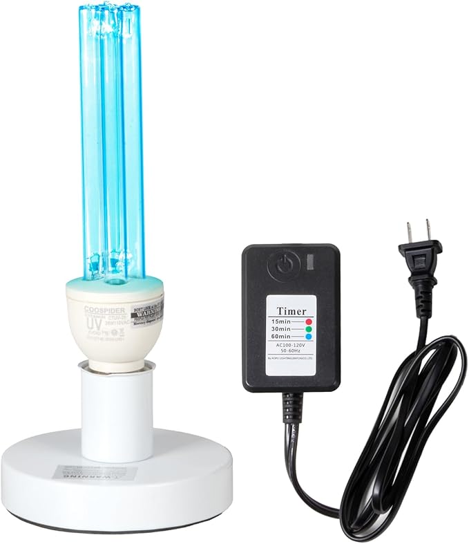 25 Watts UVC Sanitizer Lamp Ozone Free UVC Light Bulb with Base and 3-Gear Timer 253.7nm Wavelength UV Light for Bedroom/Closet/Kitchen/Bathroom E26 Base 110V CTUV-25