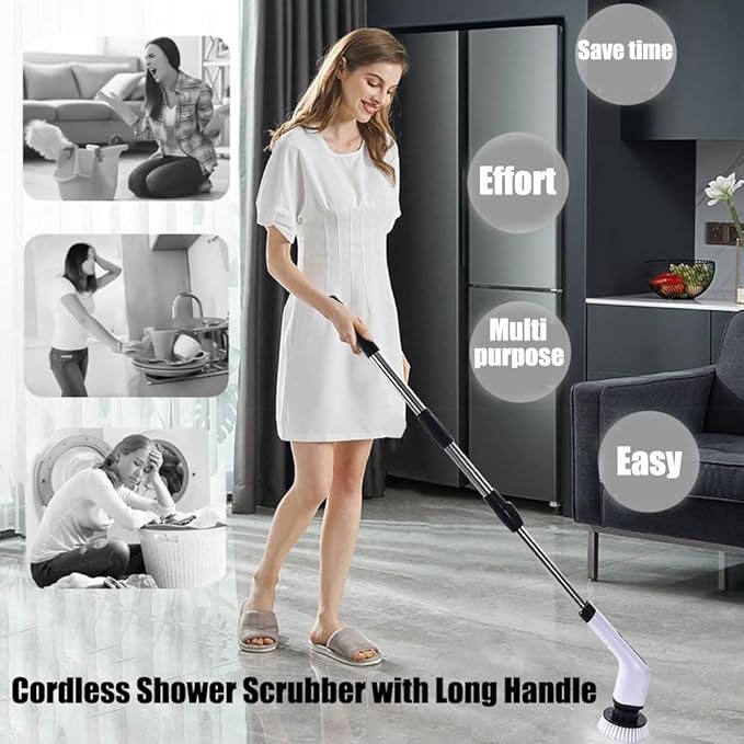 Electric Spin Scrubber, Cordless Shower Scrubber with Long Handle, 1.5h Bathroom Scrubber Dual Speed, Ipx7 Waterproof Cordless Cleaning Brush with 9 Replaceable Brush Heads & Extendable Handle