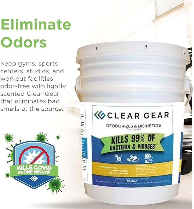 Clear Gear Disinfectant Spray, Mat Cleaner, and Deodorizer For Surfaces, Equipment, Protective Gear and Facilities - Hospital Grade Disinfectant - 5 Gallon Bulk Gym Cleaning Supplies