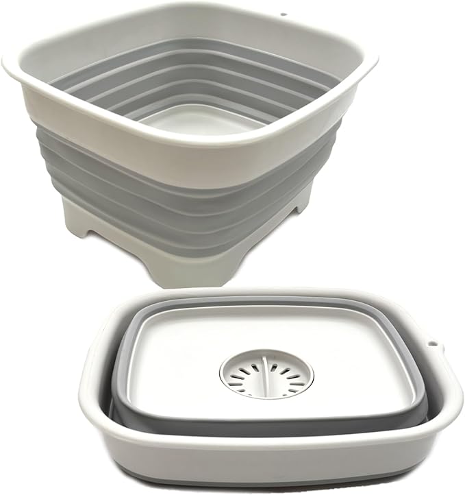 SAMMART Set of 2-9.1L (2.4Gallon) Collapsible Dishpan with Draining Plug - Foldable Washing Basin - Portable Dish Washing Tub - Space Saving Kitchen Storage Tray (2, Grey)
