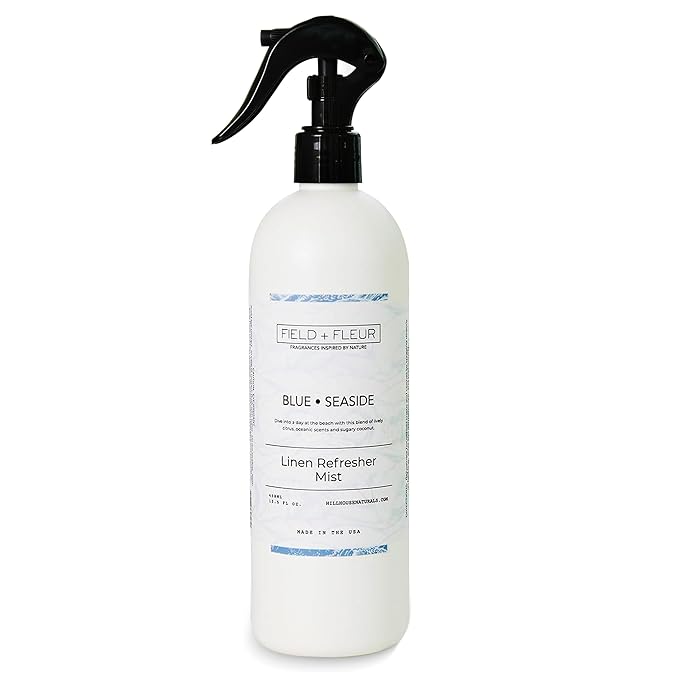 FIELD FLEUR Blue Seaside Linen & Room Spray 15.5 oz - Aromatic & Refreshing Bedding & Fabric Mist - Air Freshener for Clothes & Sofas - Notes of Citrus, Oceanic Breeze & Sugary Coconut -Made in USA