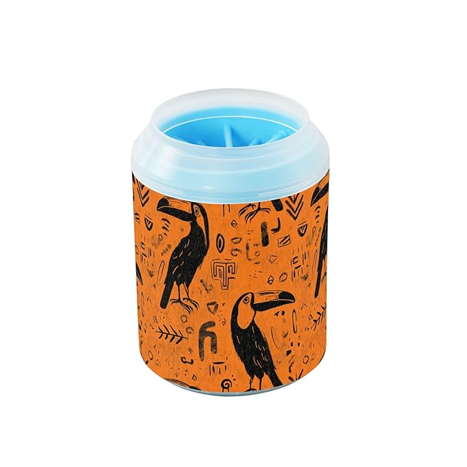 Dog Paw Cleaner Cups for Dogs Pet Foot Washer Paw Scrubber for Medium Small Large Dogs Cats Cleaning Cup Orange Toucans Tribal