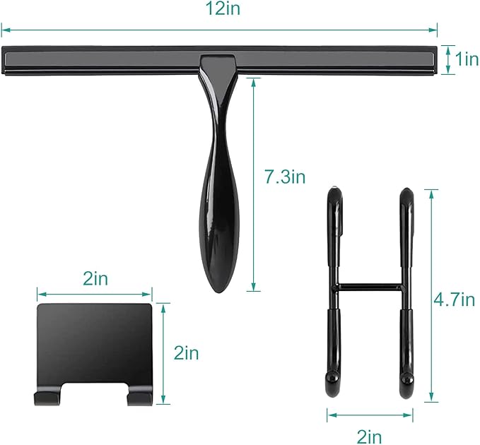 Shower Squeegee for Glass Doors,12-Inch Shower Glass Squeegee, Matte Black Shower Squeegee for Shower Doors,Mirror,Windows, with Shower Door Hook and Adhesive Hook