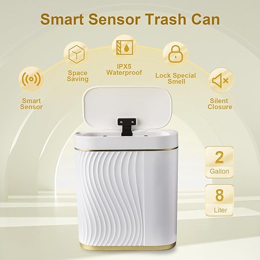 Bathroom Trash Cans with Lid 2 Gallon Automatic Trash Can, Small Motion Sensor Garbage Can, Slim Smart Trash Bin, Waterproof Plastic Garbage Bin for Bathroom, Bedroom, Living Room, Golden
