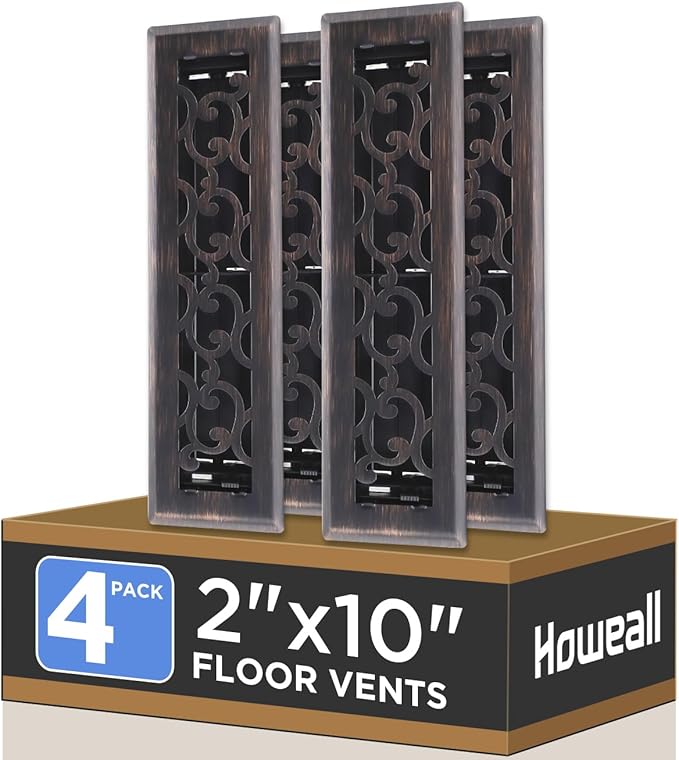 2x10 Inches 4 Pack Heavy Duty Walkable Floor Register - Easy Adjust Air Supply Lever Decorative Floor Vent Covers, Savannah Design Vent Covers for Home - Oil Rubbed Bronze