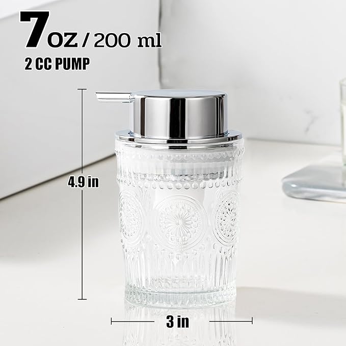 Small Foaming Soap Dispenser, 7 Oz Clear Glass Foam Hand Soap Dispenser for Bathroom, Hand Wash Dispenser with Silver Foam Pump, Refillable Liquid Dish Soap Foam Dispenser for Kitchen