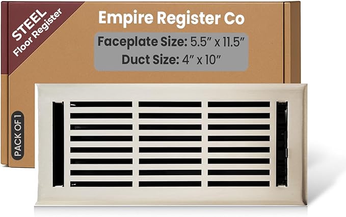 EMPIRE REGISTER CO Linear Design, Heavy Duty Floor Vent Covers, Metal Damper Attached. Vent Covers for Floor only. (Floor, Brushed Nickel, 4 x 10 inch (Pack of 1))