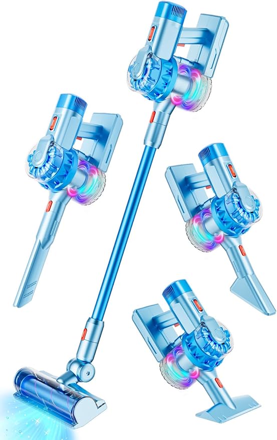 4-in-1 Kids Toy Vacuum That Works with Suction, Electric Toy Toddler Vacuum Cleaner for Children Ages 3 4 5 6+ Boys & Girls,Toddlers Toys Cleaning Set for Pretend Play (Light Blue)