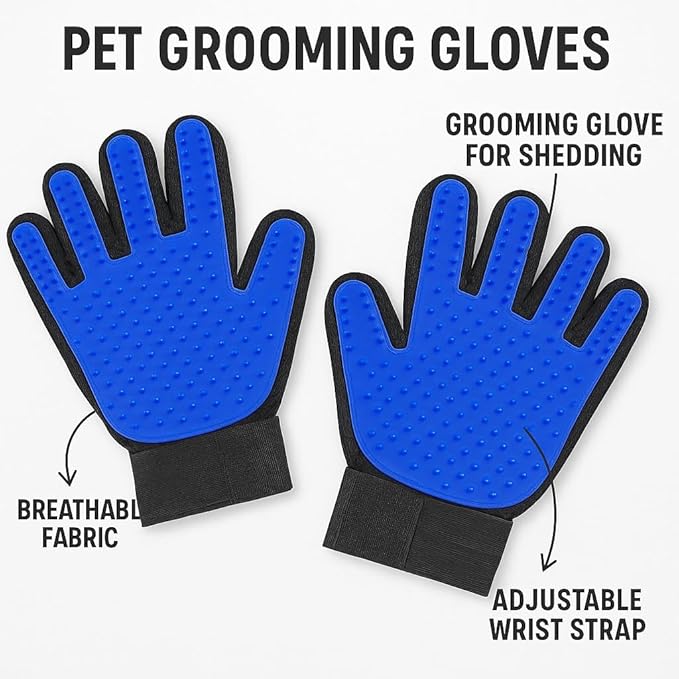 Pet Grooming Gloves for Dogs & Cats – Gentle Hair Remover, Deshedding Bath Mitt, 2-in-1 Brush & Massage, Waterproof & Washable, Blue (1 Pair)