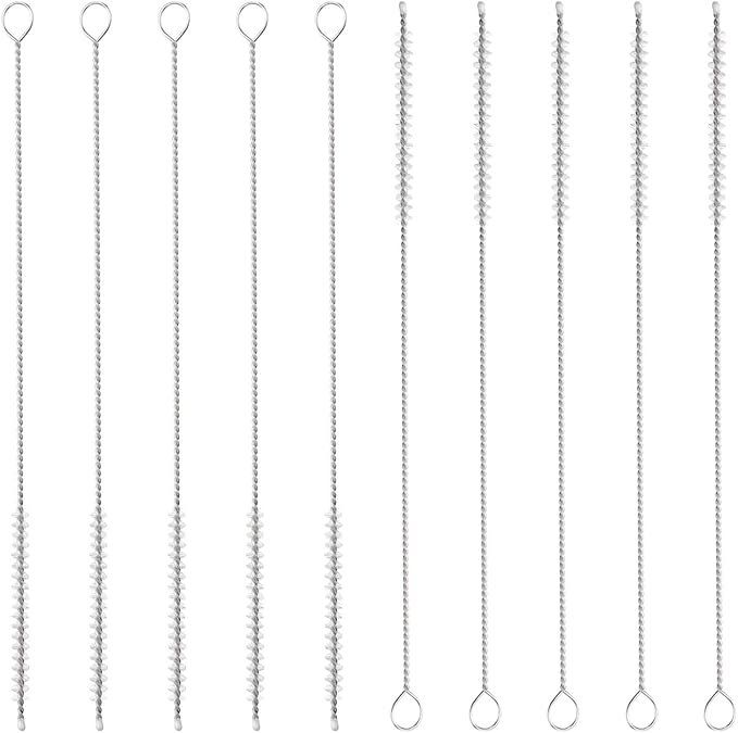 HARFINGTON Straw Cleaner Brush Set, 8 Inch Length 304 Stainless Steel and Nylon Bristles for Water Bottle Silicone Straw Sippy Cup Pipes, White (5mm OD, 10-Piece-Set)