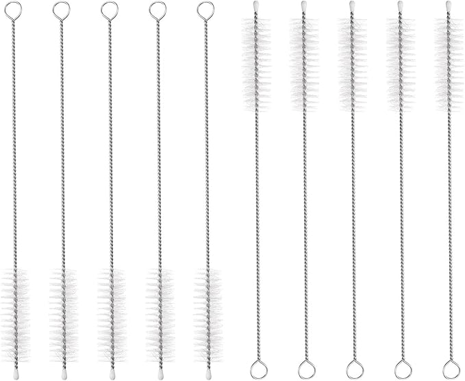 HARFINGTON Straw Cleaner Brush Set, 8 Inch Length 304 Stainless Steel and Nylon Bristles for Water Bottle Silicone Straw Sippy Cup Pipes, White (15mm OD, 10-Piece-Set)