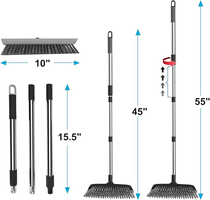 Heavy Duty Floor Scrub Brush with Long Handle, Adjustable Stainless Steel Handle, Stiff Bristles & Rubber Squeegee Scraper, Concrete Floor Scrubber for Cleaning Floor Concrete Deck Hardwood Patio Tile