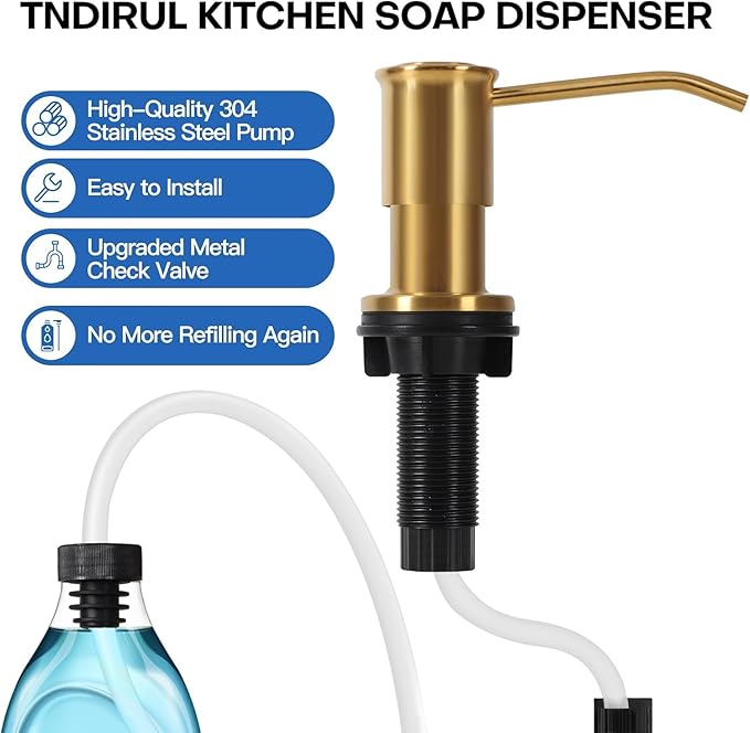Soap Dispenser for Kitchen Sink, Brushed Gold Built in Soap Dispensers, Stainless Steel Sink Soap Dispenser or Lotion Dispenser Pump with 47" Extension Tube Kit, Upgraded Metal Check Valve