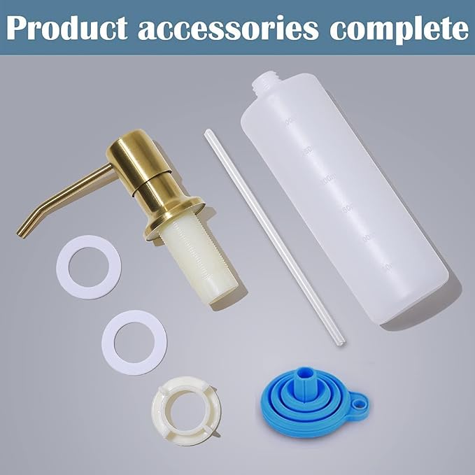 Soap Dispenser for Kitchen Sink (Gold),Built in Design Sink Soap Dispenser, Refill from The Top, Stainless Steel Kitchen Soap Pump with 10 fl.oz Bottle (300ml)