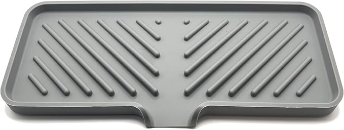 Happitasa Silicone Soap Dish Tray and Sponge Holder with Drain Chute and Feet | 3-Way Sloped Design | Bathroom and Kitchen Sink Organizer Caddy (Grey, 10"x4")